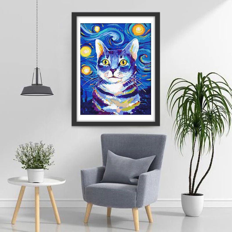 Chat Tigré Bleu dans la Nuit Etoilée Broderie Diamant
