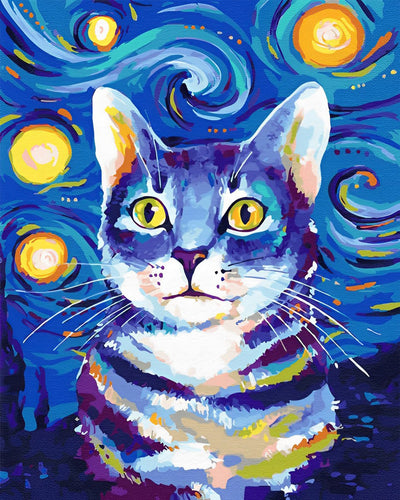 Chat Tigré Bleu dans la Nuit Etoilée Broderie Diamant