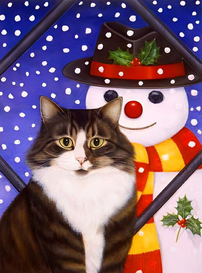 Chat Tigré et Bonhomme de Neige Broderie Diamant