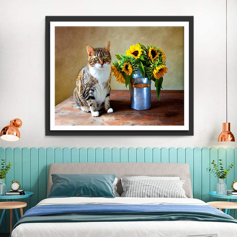 Chat Tigré et Bouquet de Tournesol Broderie Diamant