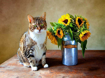 Chat Tigré et Bouquet de Tournesol Broderie Diamant