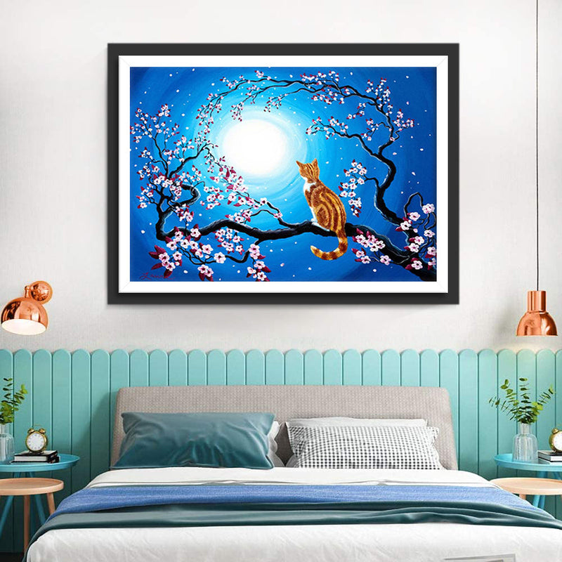 Chat Tigré et Cerisier Bleu Broderie Diamant