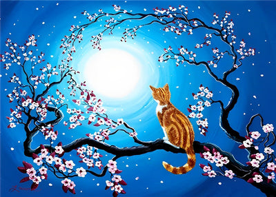 Chat Tigré et Cerisier Bleu Broderie Diamant