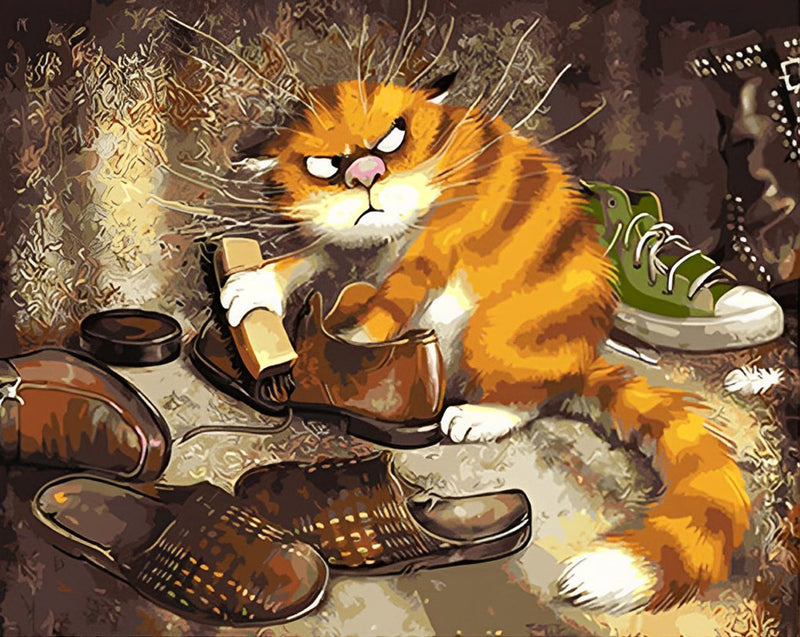 Chat Tigré Malicieux et Chaussures Broderie Diamant