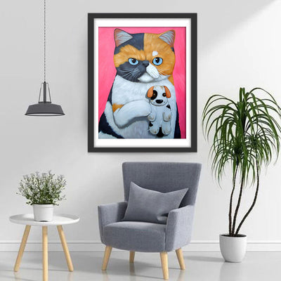 Chat Tricolore avec Peluche de Chien Broderie Diamant