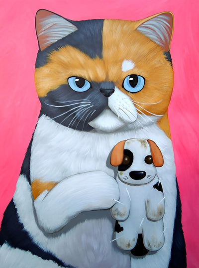 Chat Tricolore avec Peluche de Chien Broderie Diamant