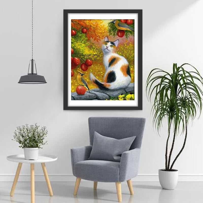 Chat Tricolore et des Baies Rouges Broderie Diamant