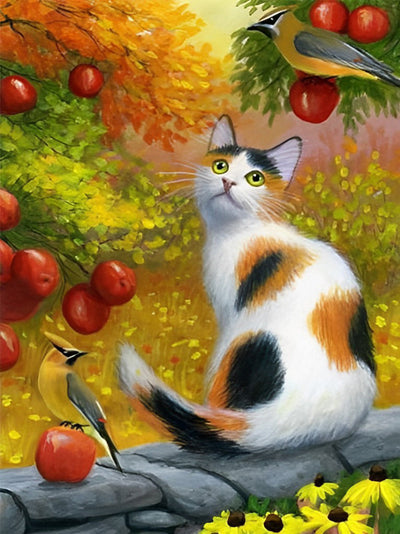 Chat Tricolore et des Baies Rouges Broderie Diamant