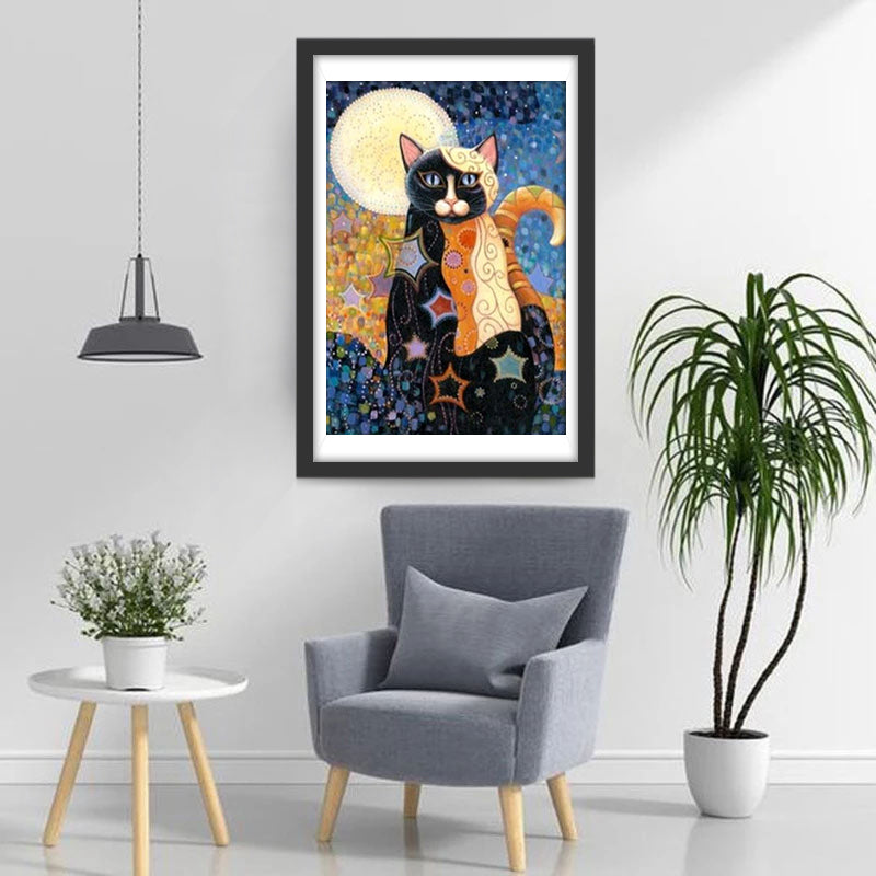 Chat Tricolore Fantastique et la Lune Broderie Diamant