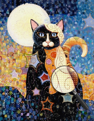 Chat Tricolore Fantastique et la Lune Broderie Diamant