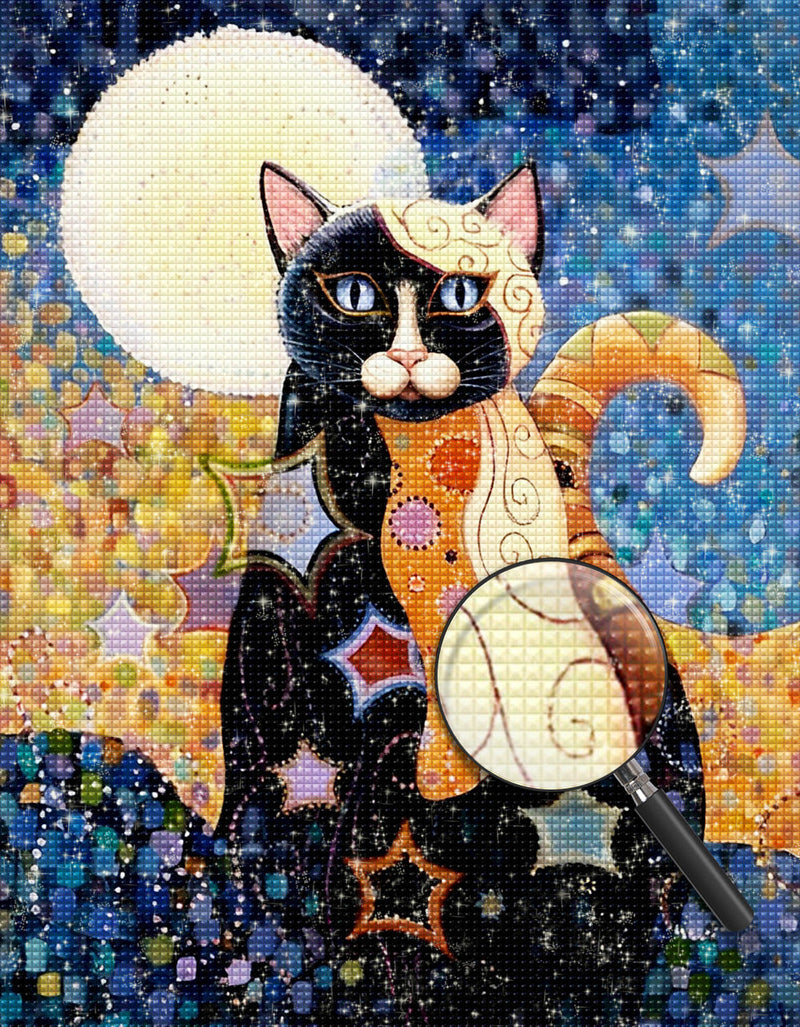 Chat Tricolore Fantastique et la Lune Broderie Diamant