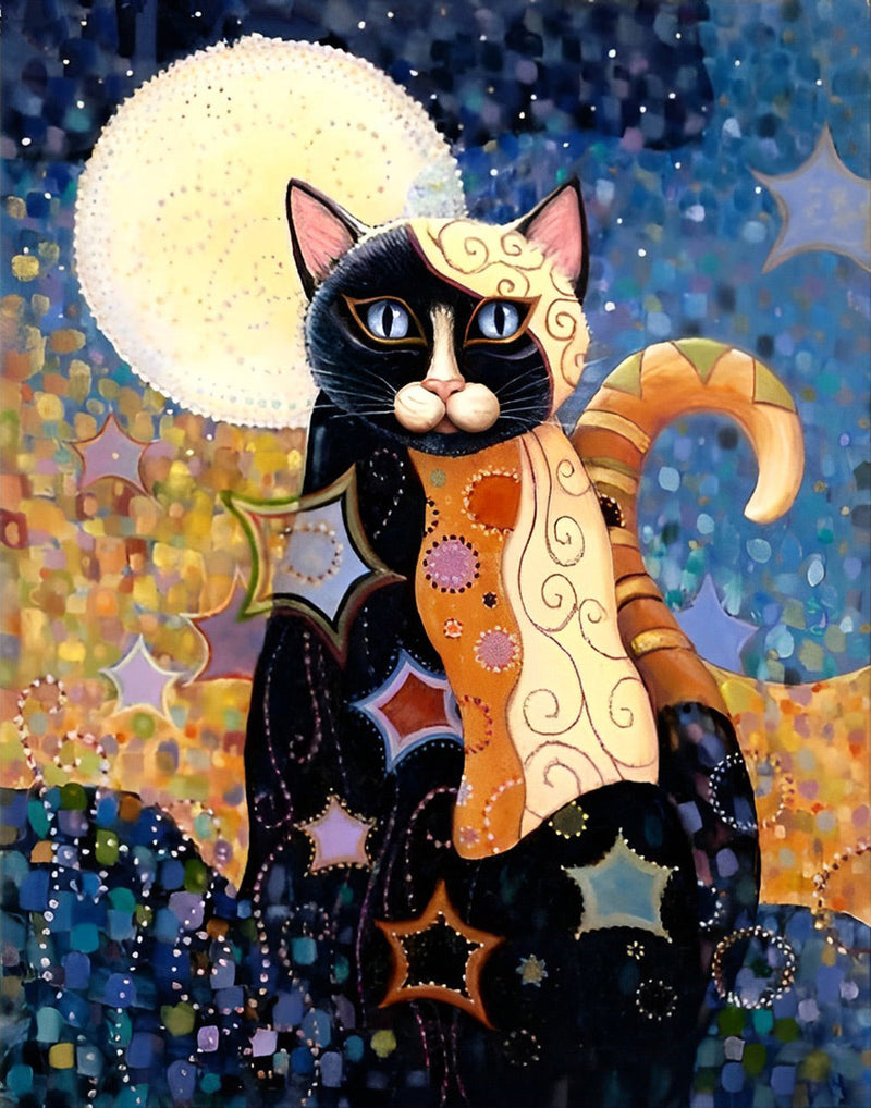 Chat Tricolore Fantastique et la Lune Broderie Diamant