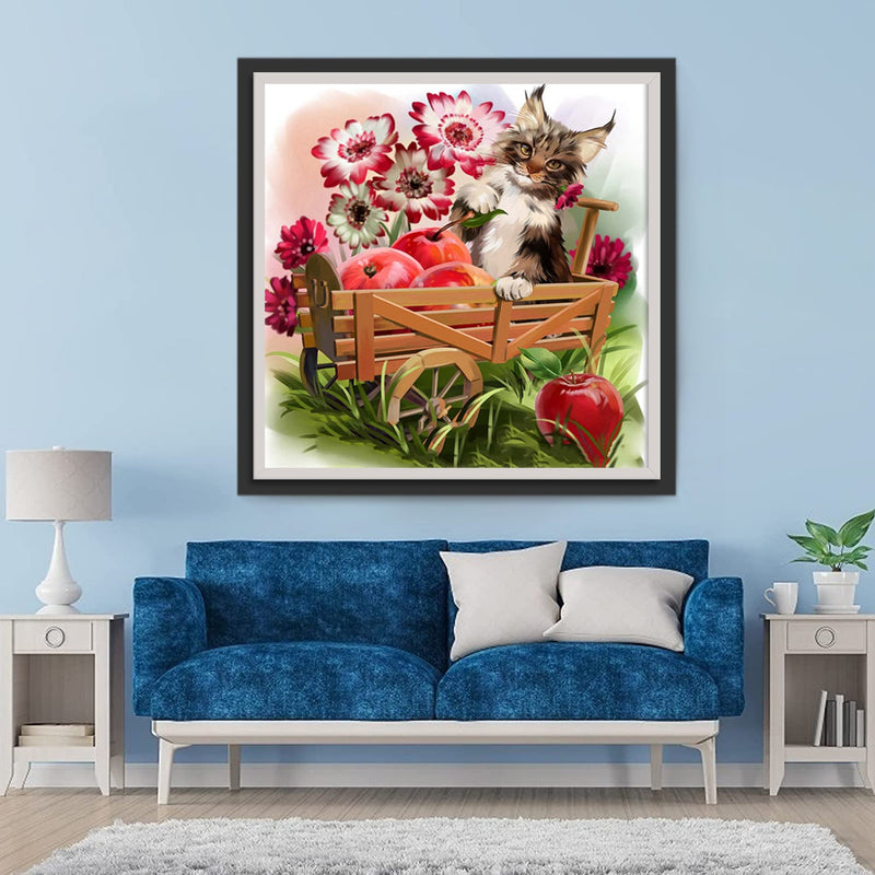 Chat Vendant des Pommes Broderie Diamant