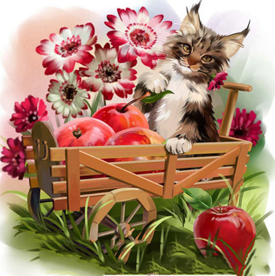 Chat Vendant des Pommes Broderie Diamant