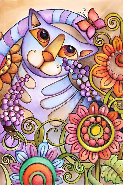 Chat Violet Dessiné à la Main Broderie Diamant