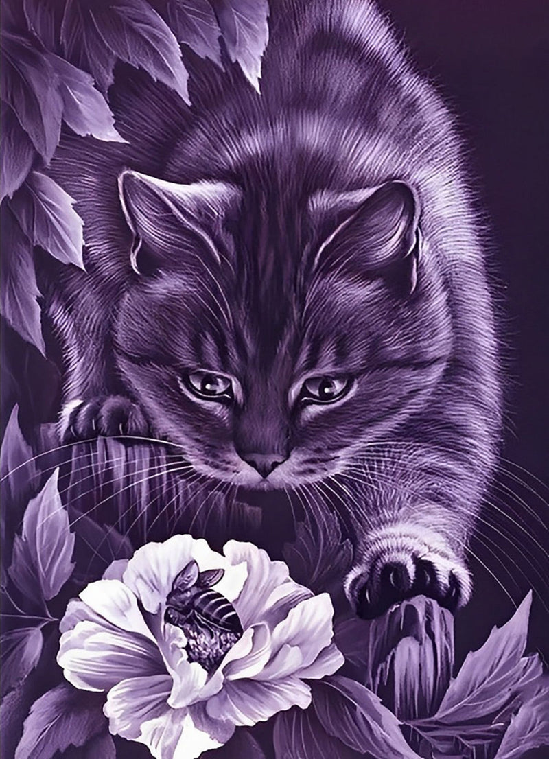 Chat Violet et Pivoine Broderie Diamant