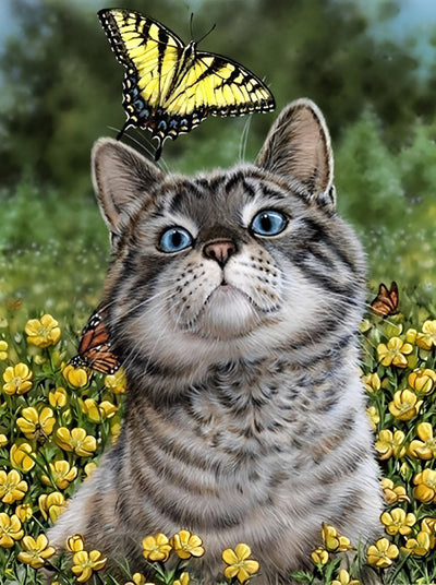 Chaton à la Tête Ronde et Papillon Broderie Diamant