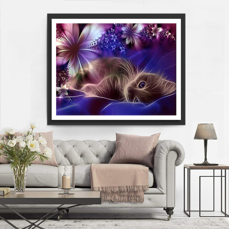 Chaton Allongé sur Couverture Broderie Diamant