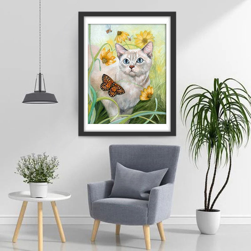 Chaton Argenté Prudent et Papillon Broderie Diamant