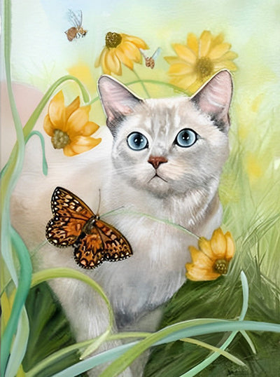 Chaton Argenté Prudent et Papillon Broderie Diamant