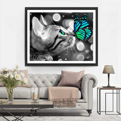 Chaton aux Yeux Bleu-vert avec Papillon Bleu-vert Broderie Diamant