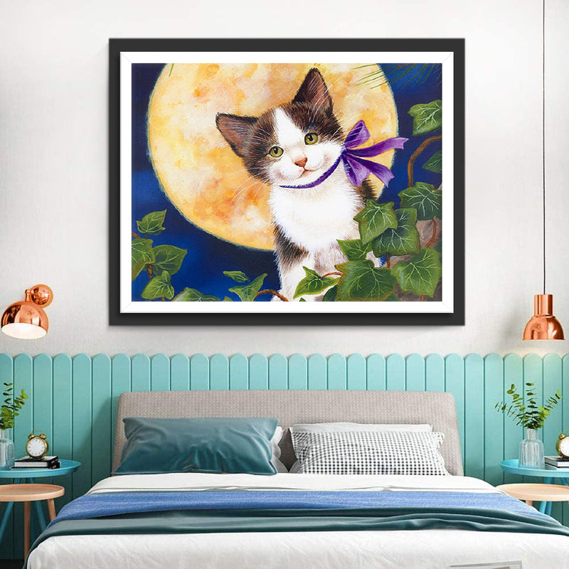 Chaton avec Foulard en Soie sous la Lune Broderie Diamant