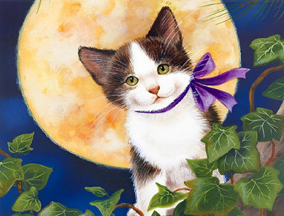 Chaton avec Foulard en Soie sous la Lune Broderie Diamant