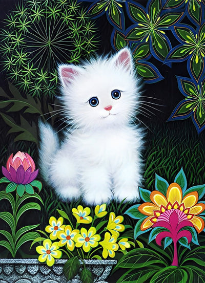 Chaton Blanc à Poil Hirsute sur l'Herbe Broderie Diamant