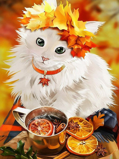 Chaton Blanc à Poil Long et Glögg Broderie Diamant