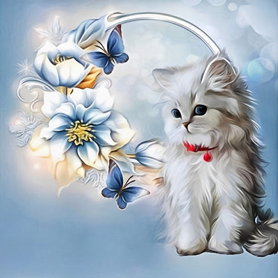 Chaton Blanc et Fleurs Bleus Broderie Diamant