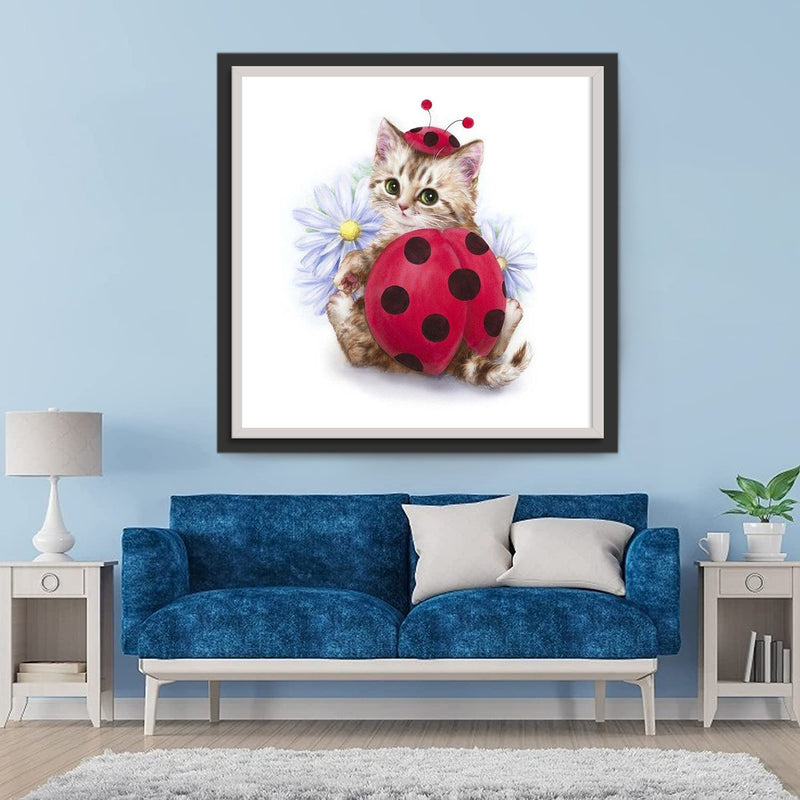 Chaton Coccinelle et Marguerites Broderie Diamant