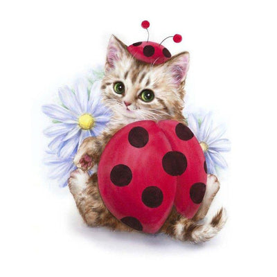 Chaton Coccinelle et Marguerites Broderie Diamant