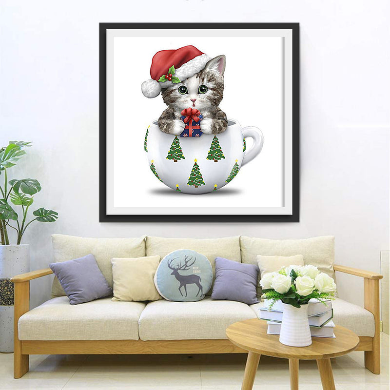 Chaton de Noël dans un Mug Broderie Diamant