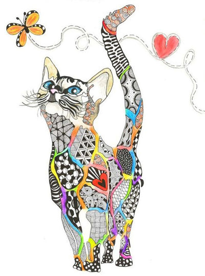 Chaton Dessiné à la Main avec un Papillon Broderie Diamant