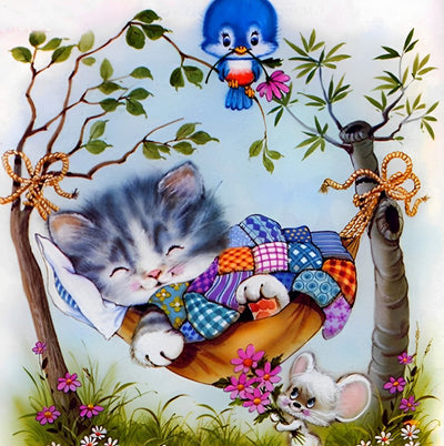 Chaton Dessiné Allongé dans Hamac Broderie Diamant