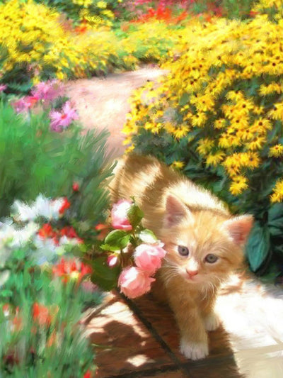 Chaton Doré et les Roses Broderie Diamant
