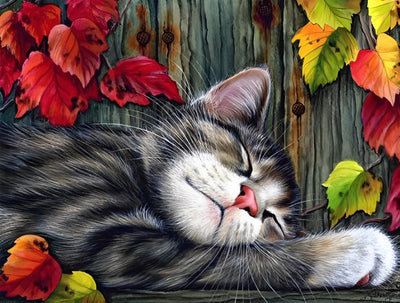Chaton Dormant dans les Feuilles d'Automne Broderie Diamant