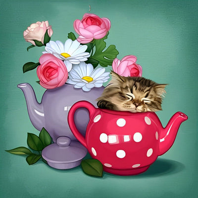 Chaton Dormant dans une Tasse à Thé Broderie Diamant