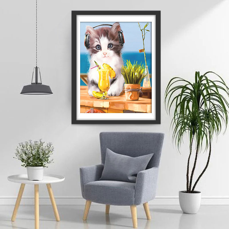 Chaton Écoutant de la Musique Broderie Diamant