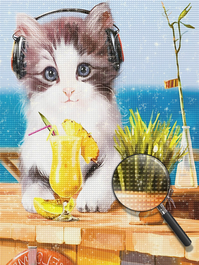 Chaton Écoutant de la Musique Broderie Diamant