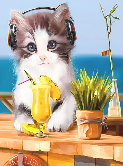 Chaton Écoutant de la Musique Broderie Diamant