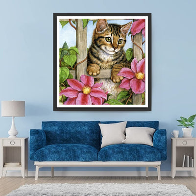 Chaton et Cadre Floral Broderie Diamant