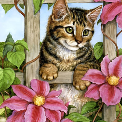 Chaton et Cadre Floral Broderie Diamant