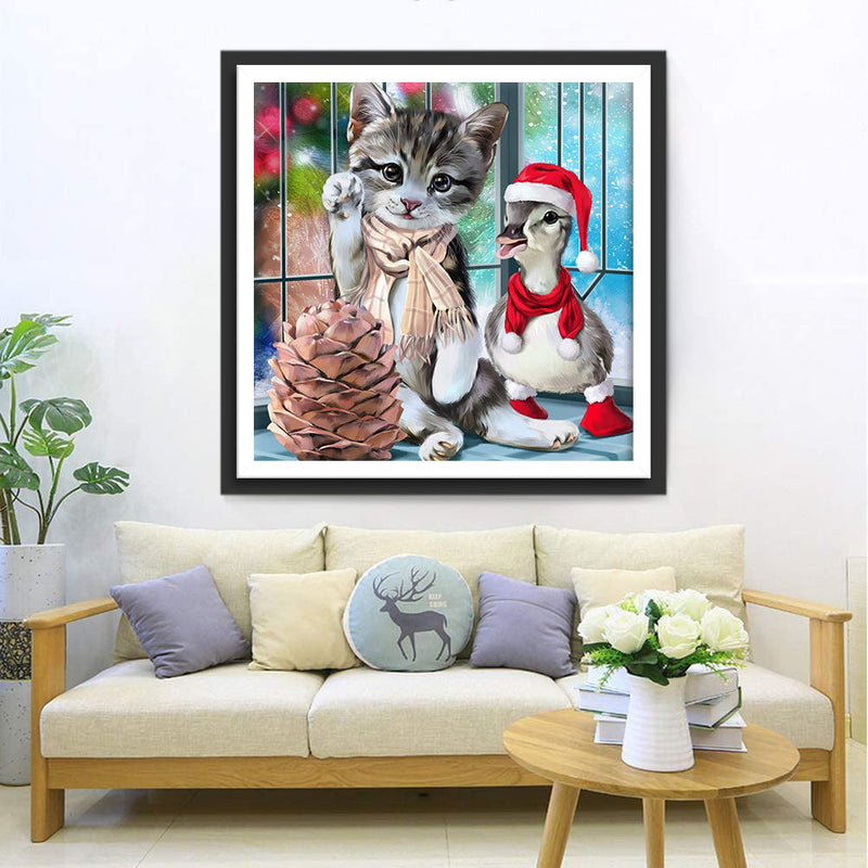 Chaton et Canard Broderie Diamant