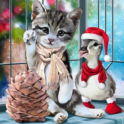 Chaton et Canard Broderie Diamant