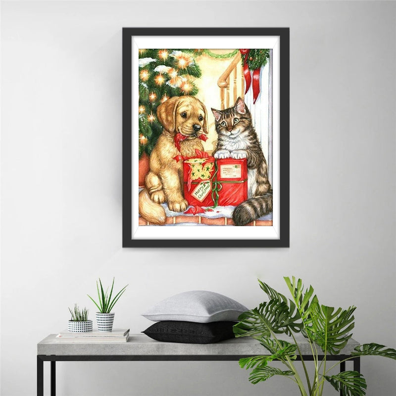 Chaton et Chiot Ouvrant des Cadeaux Broderie Diamant