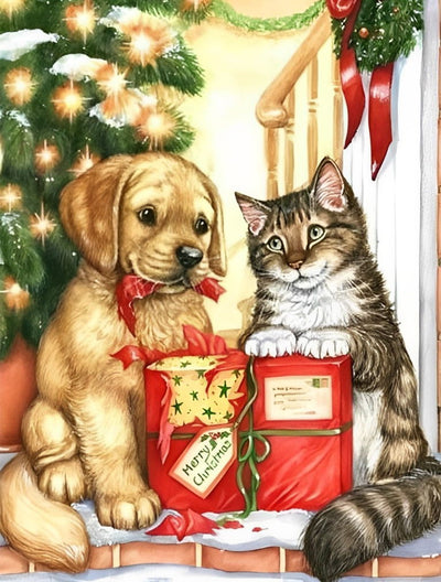 Chaton et Chiot Ouvrant des Cadeaux Broderie Diamant