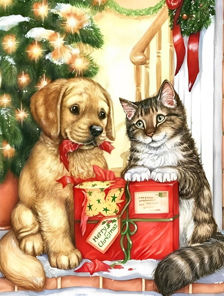 Chaton et Chiot Ouvrant des Cadeaux Broderie Diamant
