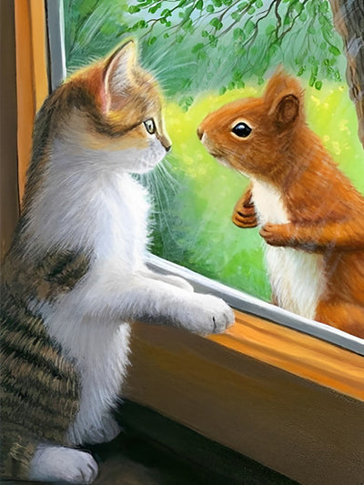 Chaton et Écureuil Roux Broderie Diamant