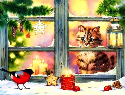 Chaton et Mésange près de la Fenêtre Broderie Diamant